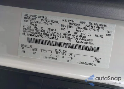 2024 Ford Transit-350 Passenger Van Xlt from USA, damaged, VIN 1FBAX2YG2RKA28062